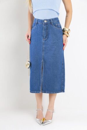 Saia Jeans Midi Fenda Frontal Elegante