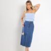 Saia Jeans Midi Fenda Frontal Elegante
