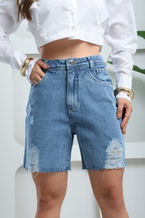 Bermuda Jeans Reta Destroyed Cintura Alta