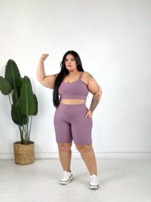 Conjunto Bermuda Bolso Lateral Lilas + Top Alça fina Pluss