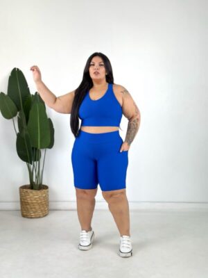 Conjunto Bermuda Bolso Lateral Azul Caneta + Top alça Larga Pluss