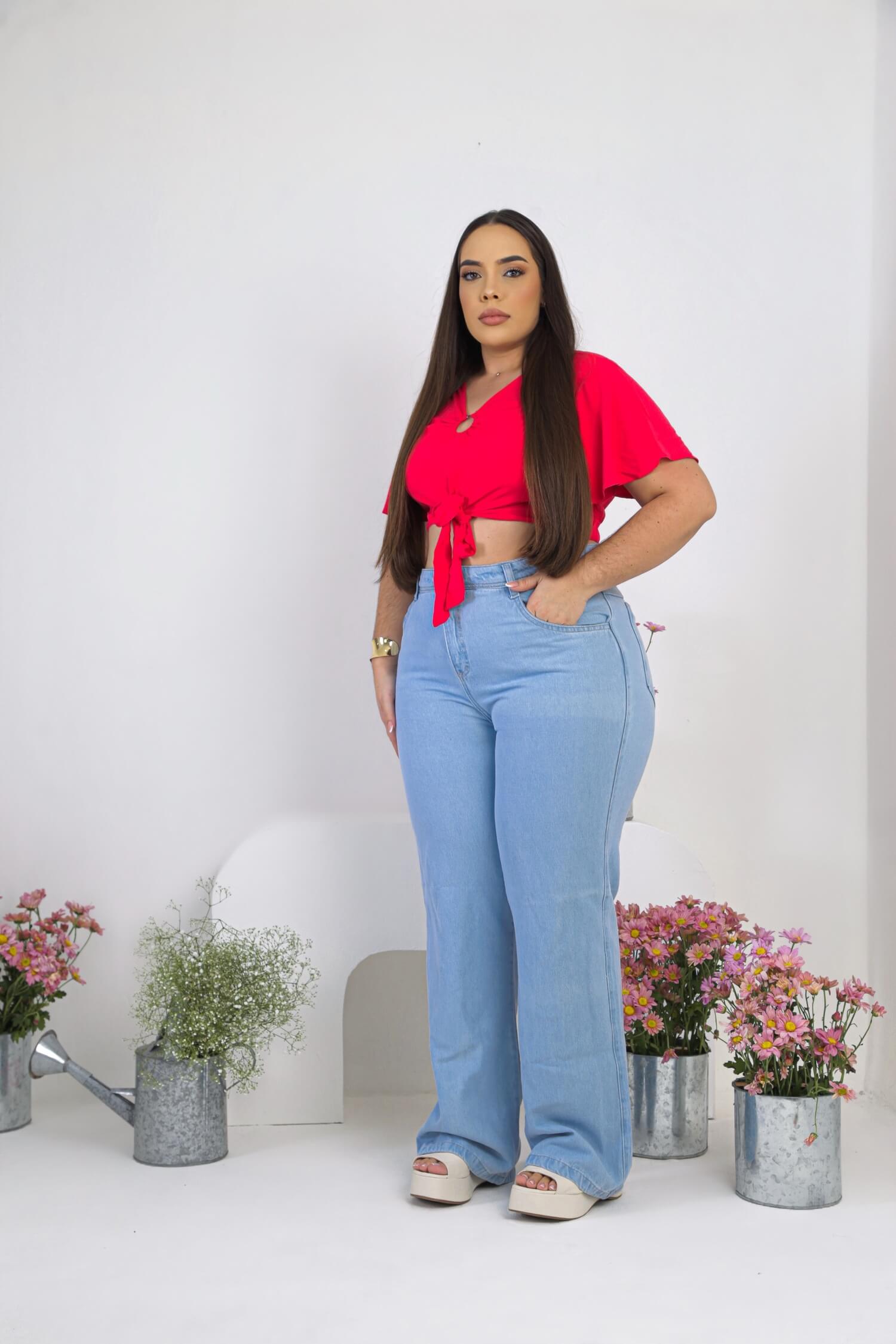 Calça Jeans Reta Clara Plus Size Cintura Alta 4 Calça Jeans Reta Clara Plus Size Cintura Alta - Imagem 4