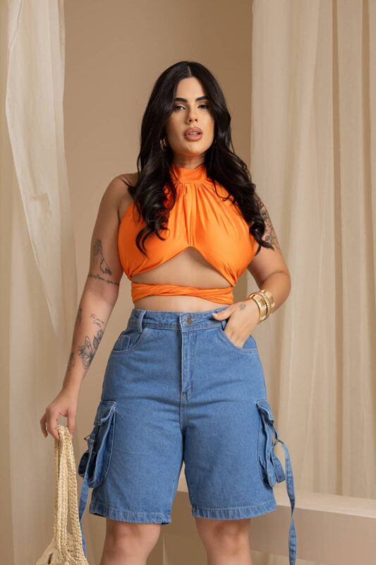 Bermuda Jeans Cargo Bufante Plus Size 4 Bermuda Jeans Cargo Bufante Plus Size - Imagem 4