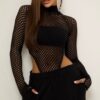 Body Preto em Tela Vazada com Manga Longa e Gola Alta