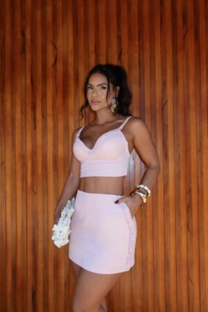 Conjunto feminino top e saia com detalhes trançados Alta Qualidade